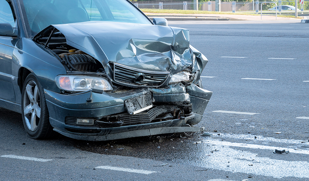 front end of smashed car after accident